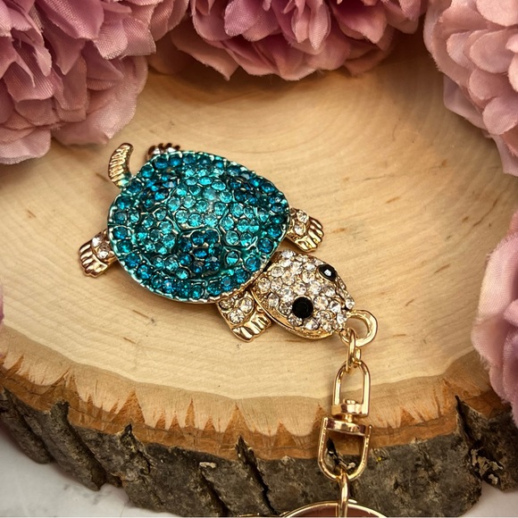 Blue and Silver Crystal Turtle Keychain Charm - Picture 7 of 16